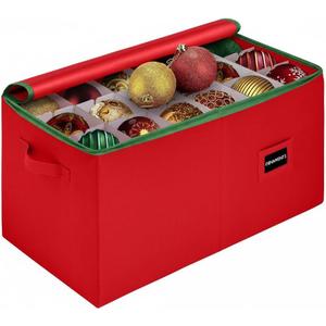 Christmas Ornament Storage Container with Dividers - Box Stores Up to 54-4" Ornaments, Zippered, Convenient, Adjustable, Large Organizer Bin to Protect and Store Holiday Dcor, Red with Green Trim
