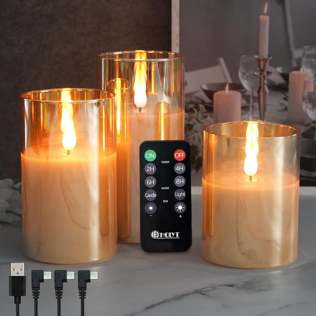 Rechargeable Flameless Candle, Flashing LED Pillar Real Wax Candle with Remote Control and Timer, Upgraded Teardrop Wick, Gold Glass Electronic Candle, 1 Set of 3
