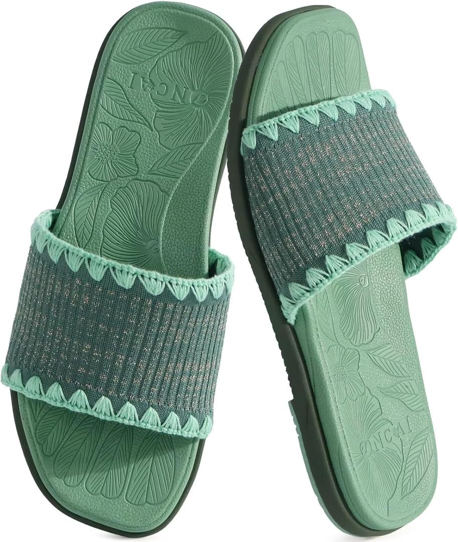 2 x ONCAI Womens Flat Slides Sandals Soft Knitted with Golden Thread Inlay Summer Vacation Walking Sandalias Mujer with Outdoor Rubber Soles (Green)
