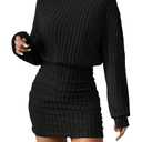 Women's Pullover Sweater Dress Long Lantern Sleeve Turtle Neck Cute Ribbed Knit Bodycon Mini Short Dress 2025 Fall-Black-XL
