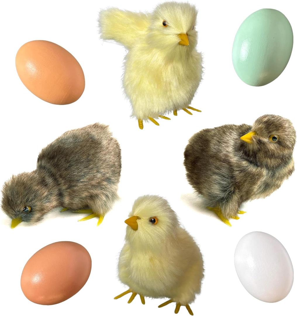Realistic Furry Baby Chicks Easter Eggs Decor Set - Lifelike Spring Chickies Tabletop Decorations, Farmhouse Photo Props, Basket Fillers, Lifelike Plush Chickens Home Ornaments (8)