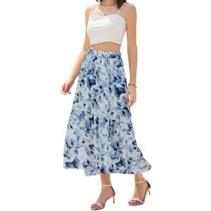 Maxi Skirts for Women with Pockets Long Midi Length Casual Skirt for Holiday (Large, Floral White Blue)