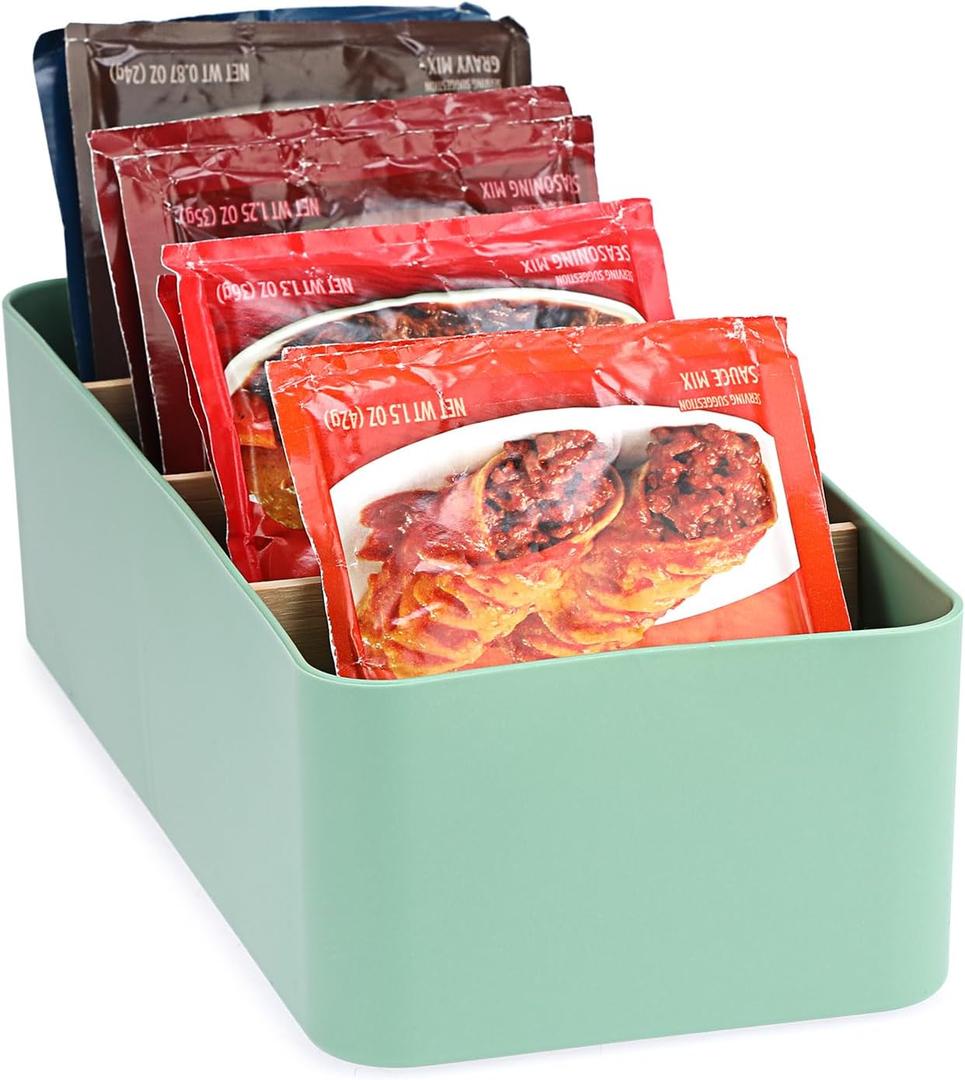 BSTKEY Seasoning Packet Organizer, Food Storage Organizer with Divided 4 Bamboo Wood Compartments, Green Plastic Storage Caddy for Pantry Cabinet, Kitchen Organization Bin for Snacks Spice Packets
