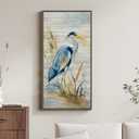 Framed Vertical Blue Heron Living Room Wall Art, Large Vintage Bird Picture Artwork for Walls, Coastal Heron Farmhouse Vertical Canvas Print for Office Kitchen Foyer Stair Hallway Wall Decor, 20x40 In
