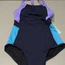 Beautikini Period Swimwear Women's One Piece Menstrual Leakproof Racerback Swimsuit Color Block Bathing Suit for Teens Girls (Navy Blue/Purple/Blue, XS)