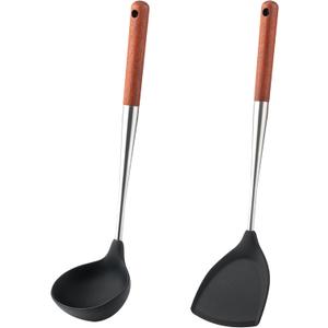2 x FJNATINH Silicone Spatula Ladle Set - BPA Free Stainless Steel Non Stick Heat-Resistant Kitchen Tools Cooking Utensils Cookware with Wooden Handle, 2 Pcs