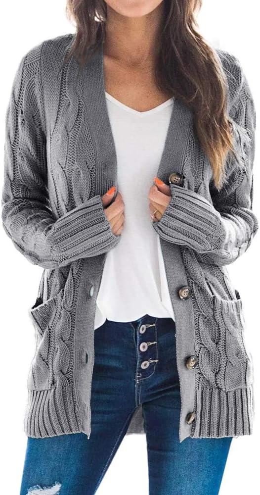 Goranbon Women's Cable Knit Cardigan Long Sleeve Open Front Button Down Knitwear Sweater Coat (S)