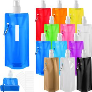 Teenyyou 12 Pack Collapsible Water Bottles Bulk 16oz Foldable Water Bottles with Carabiner Reusable Drinking Leak Proof Container Bags for Sport Biking Hiking Camping Travel Outdoor (12 Colors)