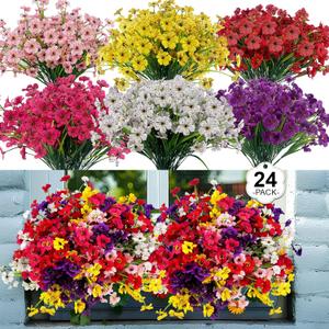 24 Pcs (6 Color) UV Resistant Outdoor Artificial Faux Flowers Plants Realistic Plastic Silk Bulk Fake Arrangements for Garden Hanging Baskets Patio Porch Cemetery Grave Decorations Indoor Vase