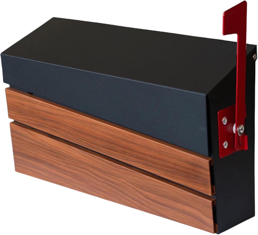 Wall-Mount Mailbox, Wood-Grain Metal Panel, Rust Resistant Large Capacity House Mailbox, Modern Drop Mailboxes for Outside, Metal Post Box with Flag (No Keys Locking)