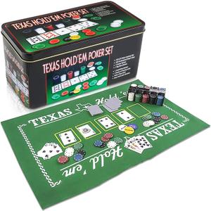 Gamie Texas Holdem Poker Game Set - Includes Holdem Mat, 2 Card Decks, Chips, Chip Holder and Tin Storage Box - Fun Game Night Supplies - Cool Casino Gift for Kids & Adults