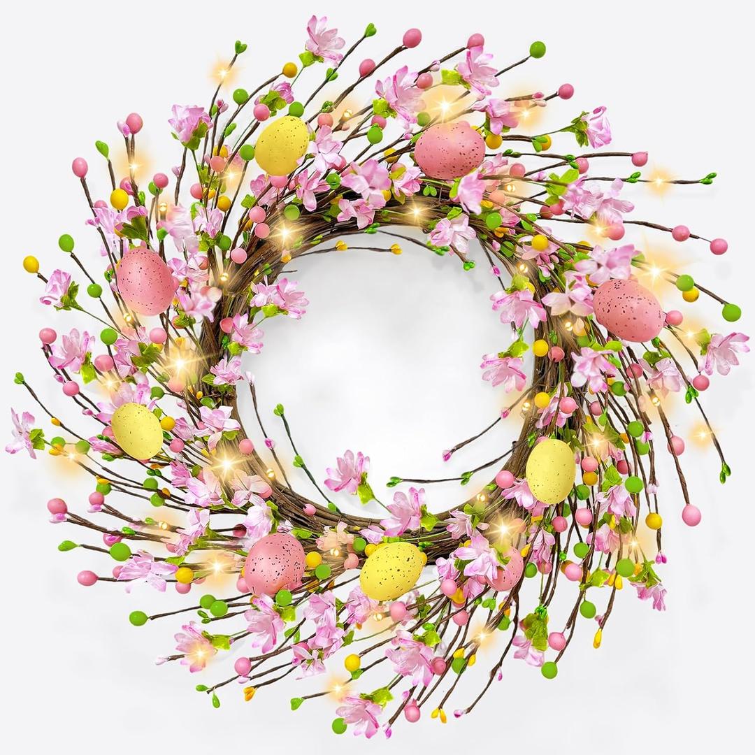 Timer - 20 Inch Easter Wreaths for Front Door with 20 Warm LED Lights Colorful Eggs, Battery Operated Easter Decorations fo Home Wall Window Indoor Outdoor Spring Holiday Decorations, Easter Gifts
