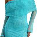 MakeMeChic Women's Off The Shoulder Bodycon Dress Mesh Long Sleeve Party Mini Dresses (Mint Green, Small)