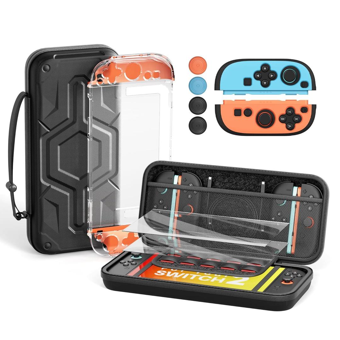 Switch 2 Accessory Bundle, 9-in-1 Protection Kit: Travel Carrying Case, Dockable Hard Shell, Silicone Grip Cover, 2 Tempered Glass Screen Protectors, 4 Thumb Grips for Switch 2 All-in-One Complete Set