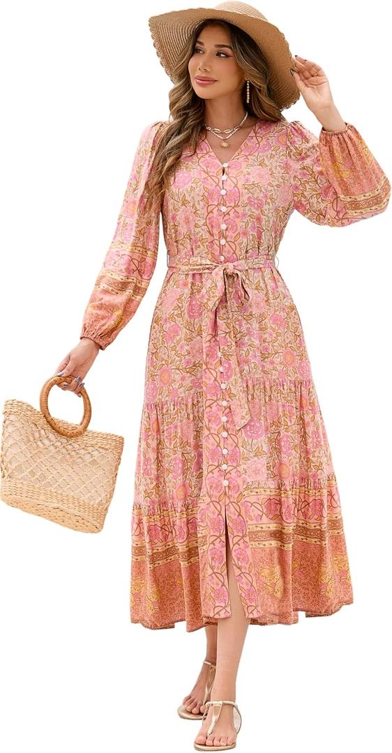 R.Vivimos Women's Long Sleeve Boho Midi Dress V Neck Floral Print Casual Button Down Loose Ruffle Beach Long Dress with Belt (L)