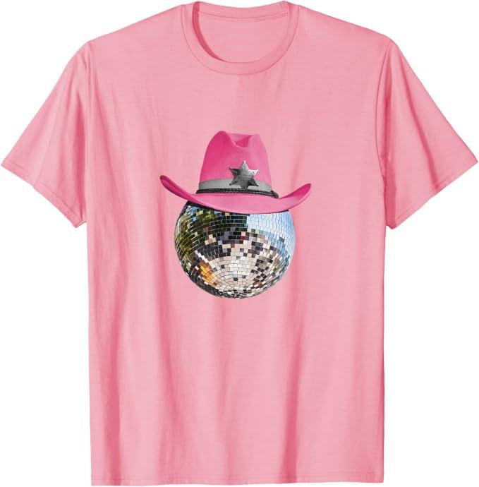 Retro Style Pink Cowboy Hat Club Disco Ball T-Shirt (Pink, XL)