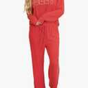 Opemiby Women Pajamas Set Loungewear Ribbed Long Sleeve Top and Pants with Pockets Lounge Pj Set Sleepwear Size Large