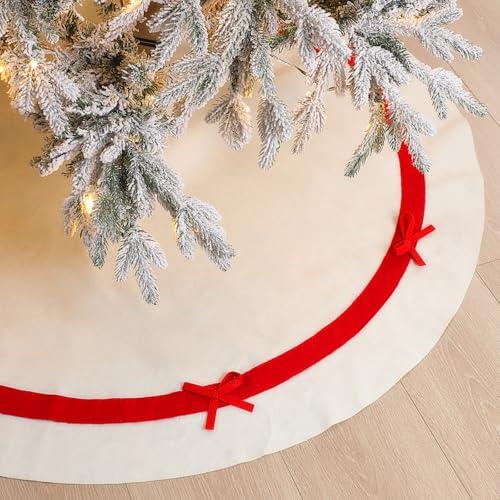 Simgoing 48 Inch Christmas Tree Skirt with Red Bow Felt Christmas Tree Skirt Vintage Decoration for Indoor Home Decor Xmas Party Supplies