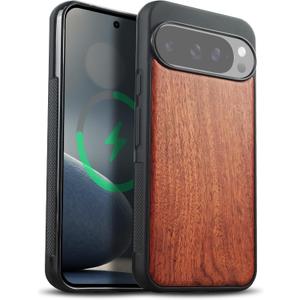 Carveit Magnetic Wooden Case for Google Pixel 10 Pro XL Case, Wood Artisan Engraved & Soft TPU Shockproof Cover, Compatible with MagSafe Wireless Chargers (Natural Grain) Rosy