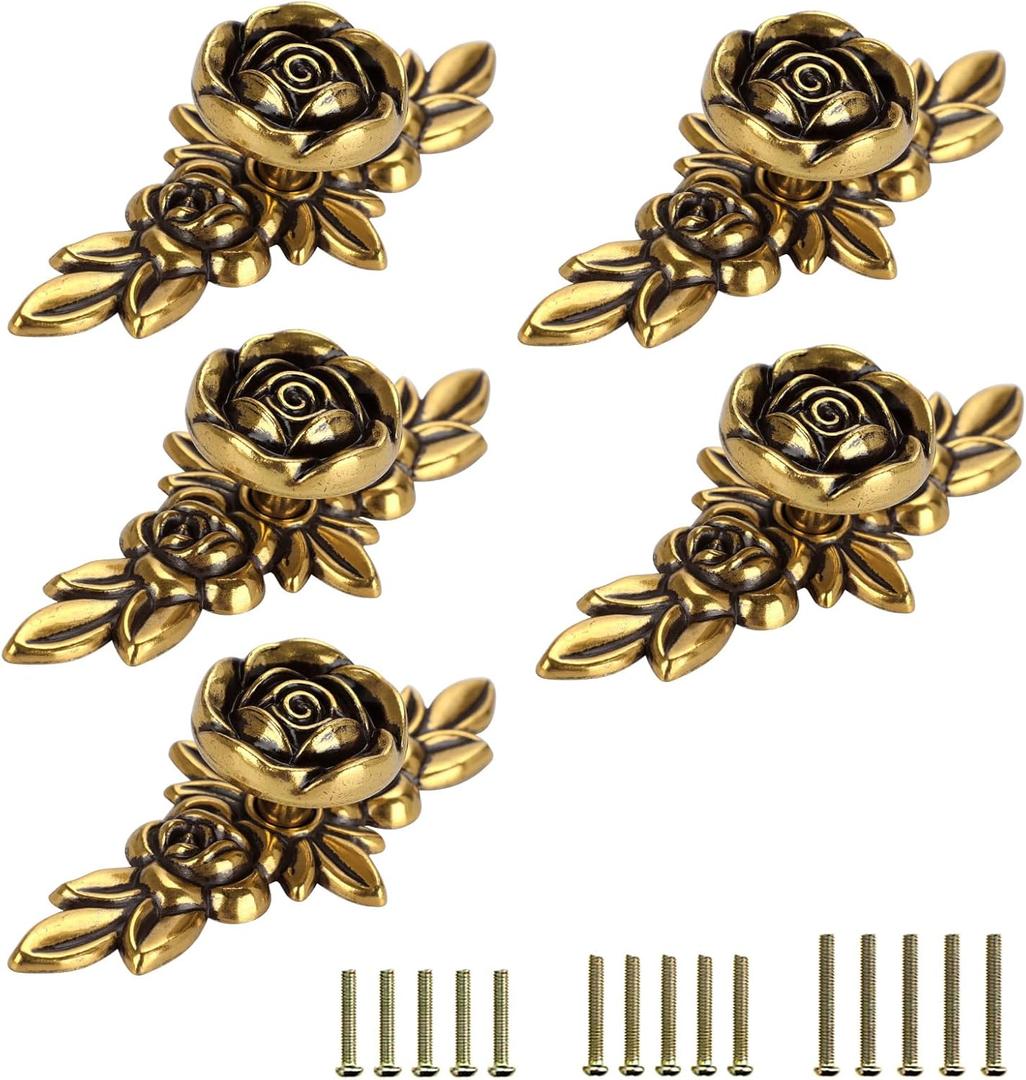 JUXYES Pack of 5 Euro Rose Decorative Cabinet Knobs with Plate, Floral Ivory Drawer Knob Cupboard Door Knobs, Ivory White Drawer Pulls Cabinet Handle Knobs for Dresser Cabinet (Small, Golden Bronze)
