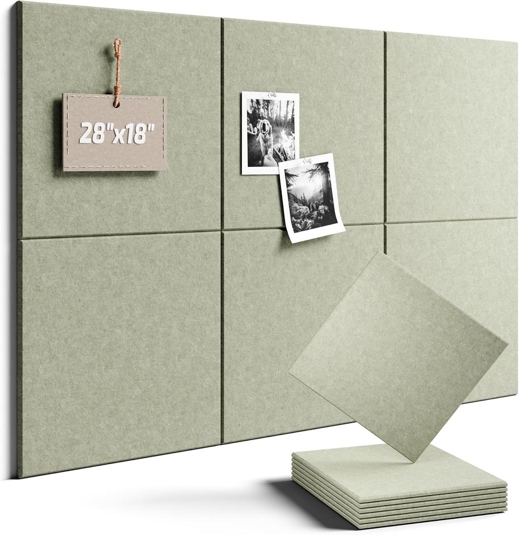 Felt Bulletin Board Tiles -28"x18" Cork Board Alternative for Office Decor, Push Pin Board Wall Organizer 6-Pack - Sage