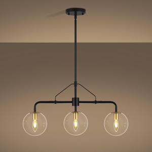 3-Light Modern Kitchen Island Lighting, Black and Gold Dining Room Chandeliers Over Table Hanging, Industrial Linear Chandelier with Clear Globe Glass Shades