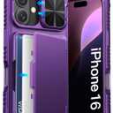 ATATOO for iPhone 16 Case Wallet with Card Holder (Store 3-5 Cards) & Slide Lens Cover, Military Grade Protection, Rugged Shockproof Wallet Phone Case for iPhone 16 6.1", Dark Purple