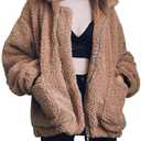 Comeon Women's Coat Casual Lapel Fleece Fuzzy Faux Shearling Zipper Coats Warm Winter Oversized Outwear Jackets M