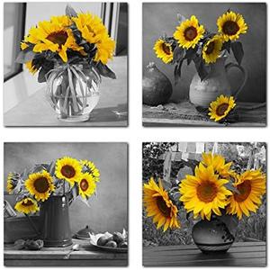 Rtriel Sunflower Canvas Wall Art Yellow Floral Pictures Blossom Flowers Black and White Painting Prints 4 Panel Bathroom Bedroom Living Room Decor 12 x 12 Inches