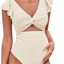OYOANGLE Women's Maternity One Piece Swimsuits Textured Twist Cut Out V Neck Ruffled Ruched Pregnancy Bathing Suits (Beige)