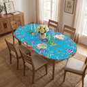 Horaldaily Regular Fitted Tablecloth 68 x 48 Inch Oval, Colorful Happy Birthday Gifts Blue Washable Table Cover Elastic Edged for Dinning, Picnic, Camping, Banquet