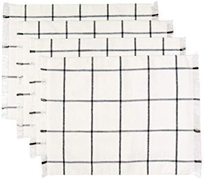 Sticky Toffee Woven Cotton Placemats Set of 6, Cream Farmhouse Plaid, 14 x 19 in, Washable Table Mats for Kitchen or Dining Table