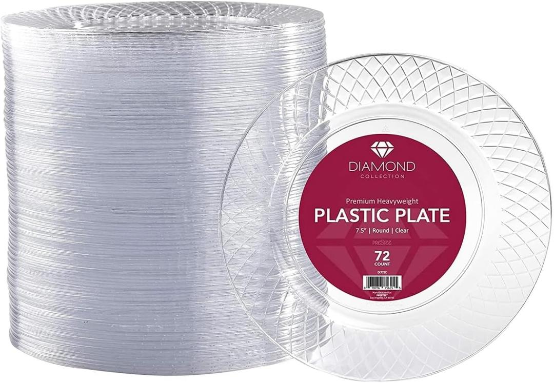 Prestee Disposable Plates, 72ct - 7.5-inch Heavy Duty Clear Plastic Plate - Cake, Salad, Appetizer, Dinner, Dessert Plates - Wedding, Holidays, Easter Party Plate - Event Supplies (7.5" (72ct))