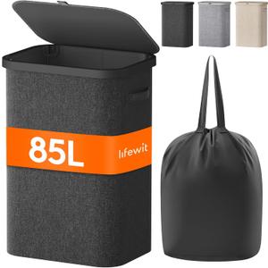 Lifewit 85L Laundry Basket with Lid, Large Laundry Hamper with Plastic Handles and Removable Bag, Foldable Tall Dirty Clothes Hampers for Laundry for Laundry Room, Bedroom, Bathroom, Dorm, Dark Gray