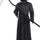Spooktacular Creations Kids Grim Reaper Costume, Halloween Costumes for Boys, Reaper Outfit with Glowing Red Eyes (XL(12-14yr))