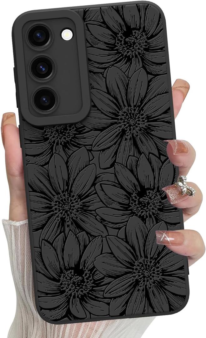 MZELQ for Samsung Galaxy S23 Case, Silicone Black Floral Flowers Sunflowers Cute Pattern, Camera Protection Soft Slim Phone Case for Girls Women