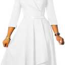 Elainone Women 3/4 Sleeve Casual Swing Flared A Line Dress Wedding Guest Semi Formal Office Work Dresses with Belt, Size Medium