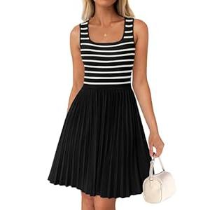 ZESICA Women's Summer Sleeveless Mini Dress 2025 Square Neck Striped Knit A Line Pleated Tank Dresses, 