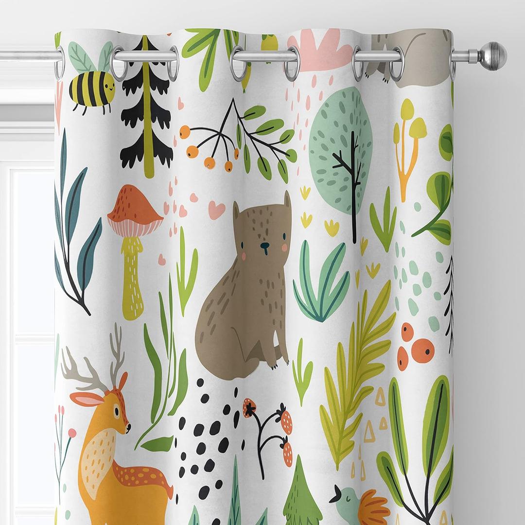 Kids Blackout Curtains Grommet Thermal Insulated Room Darkening Printed Forest with Wild Animals Nursery and Kids Bedroom Curtains 42x63inch(107x160cm), White