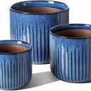 LE TAUCI Ceramic Plant Pots, 8.3/7/6 Inch Indoor Planters with Drainage Holes & Mesh, Modern Glossy Glaze Cylinder Fluted Flower Pot for Snake Plant, Set of 3, Harbor Blue, Medium