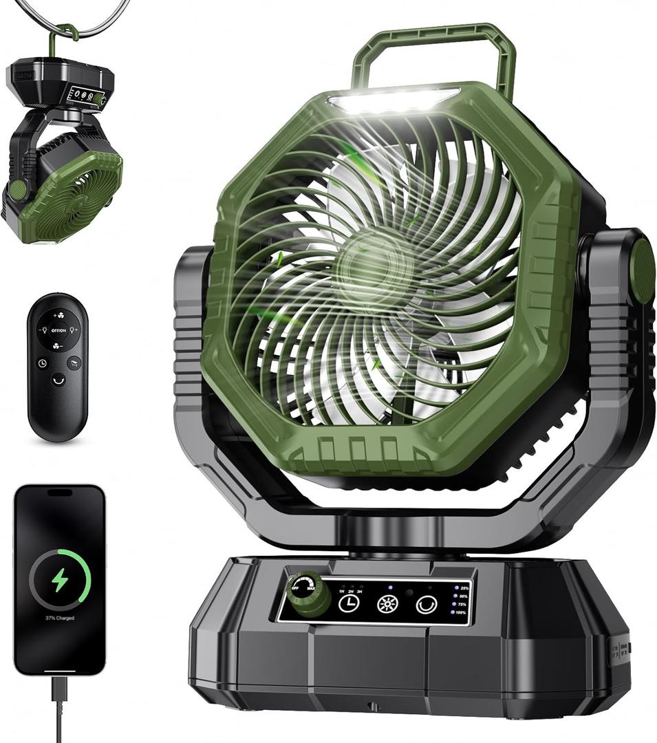 AJVV Camping Fan Rechargeable, Battery Powered Fan With Remote Controller, LED Light, Dual Motors, Stepless Speed, 90/270 Swing,Timer, Portable fan For Travel Tent Bedroom Beach Fishing, Green