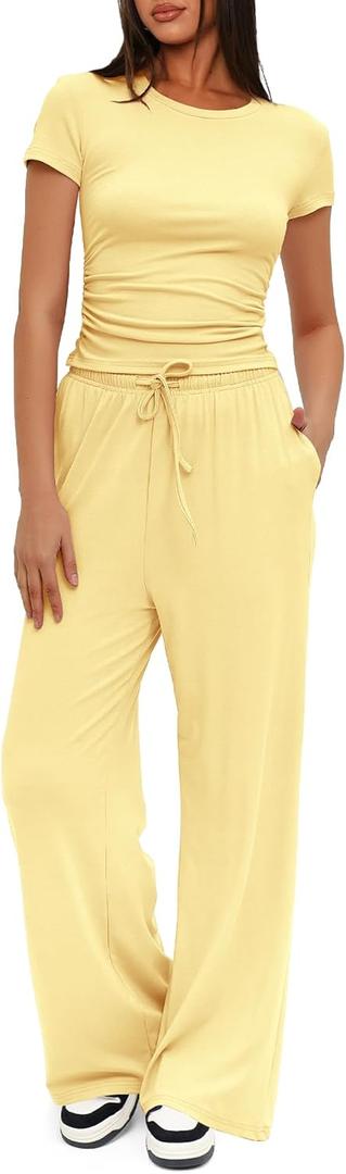 Darong Women's 2 Piece Set Outfits Lounge Sets Ruched Short Sleeve Tops High Waisted Wide Leg Pants Tracksuit Sets (X-Large, Light Yellow)