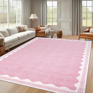 Scalloped Washable Rug 9x12 Area Rugs for Living Room, Solid Pink Rug for Bedroom Girls, Non Slip Throw Mat with Rubber Back, Soft Dorm Nursery 9x12 Carpet for Dining Room