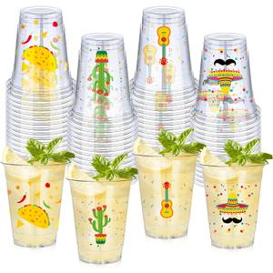 Meekoo 100 Pcs 12 oz Fiesta Cup Plastic Mexican Cup Clear Disposable Margarita Glasses Cinco De Mayo Party Decorations for Tequila Birthday Party Drinkware Taco Supplies, 4 Style