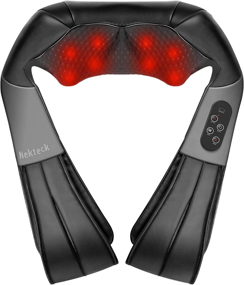 Nekteck Cordless Shiatsu Neck and Back Massager with Soothing Heat, Electric Deep Tissue 3D Kneading Massage Pillow for Shoulder, Leg, Body Muscle Pain Relief, Home, Office, and Car Use