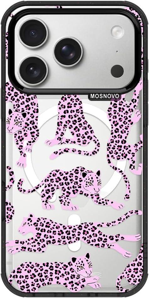 MOSNOVO for iPhone 17 Pro Case | Compatible with Magsafe | Military Grade 10ft Drop Tested | Camera Control | Clear Black with Pink Leopard Design