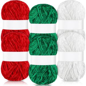 Tondiamo 6 Pack 792 Yards Christmas Velvet Yarn Velvet Chenille Yarn Polyester Blanket Red Green White Crochet for Crocheting Knitting DIY Craft Handmade Scarf Hat Christmas Stockings
