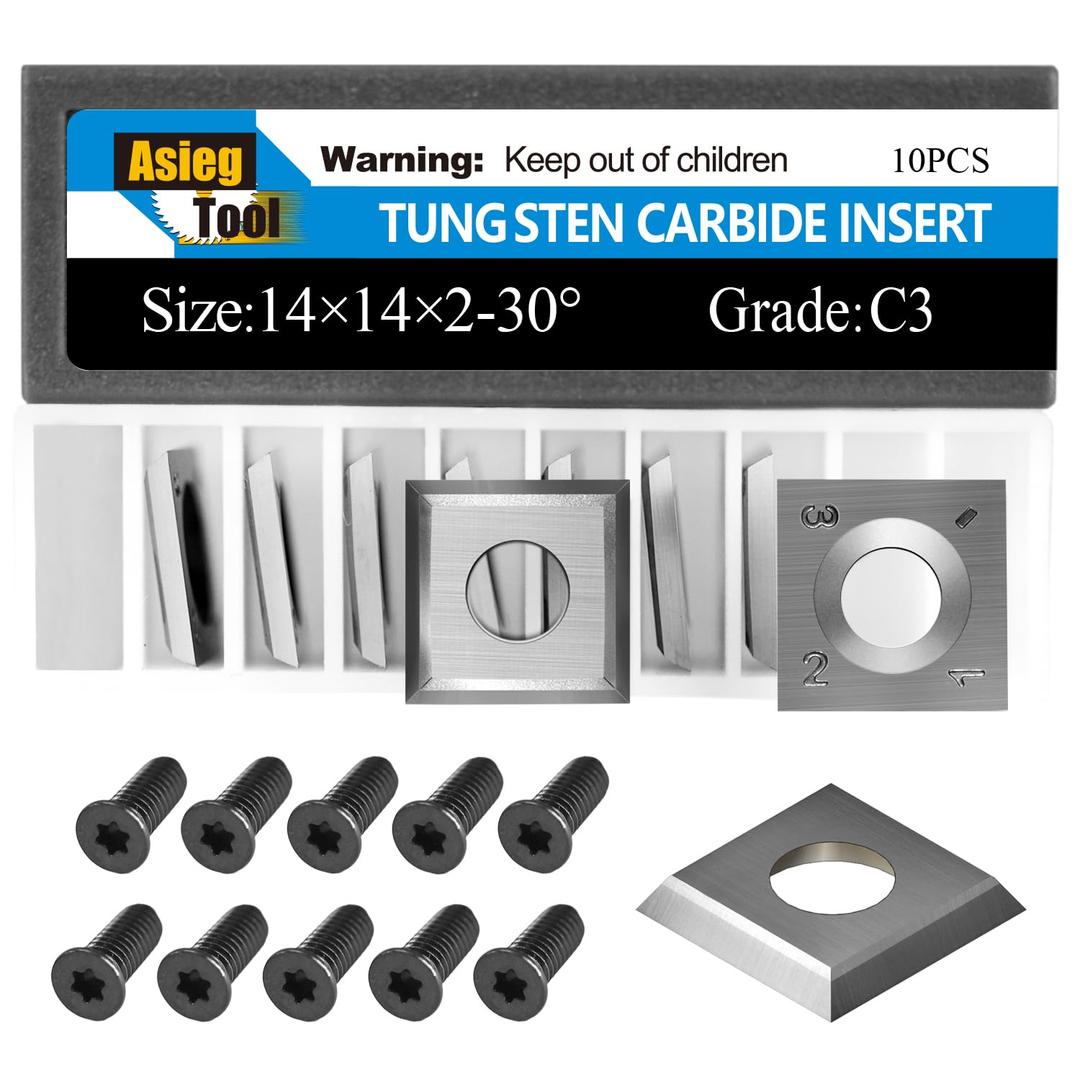 Asieg Tool 14 x 14 x 2mm-30 Carbide Inserts Cutters Knives Blades with Screws for Grizzly T21348 and Woodworking Spiral Helical Planer Head 10pcs