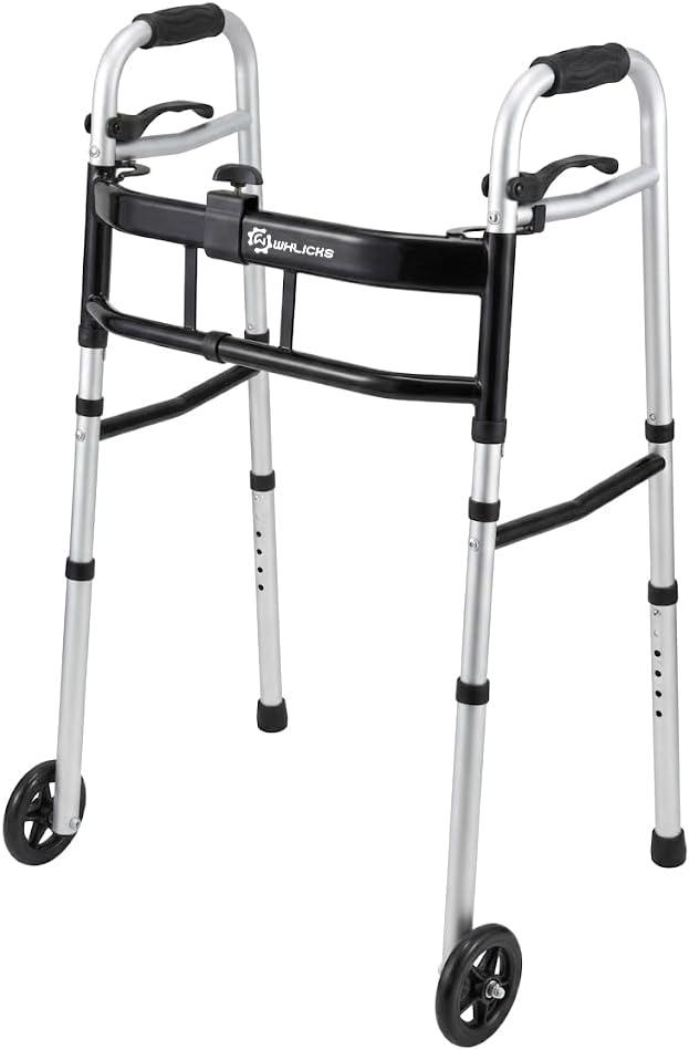 WHLICKS Folding Walkers for Seniors, Lightweight Aluminum Walker with 5'' Front Wheels and 2 Skis, Height Adjustable Standard Walker for Elderly and Disabled, Stable Frame up to 350 lbs