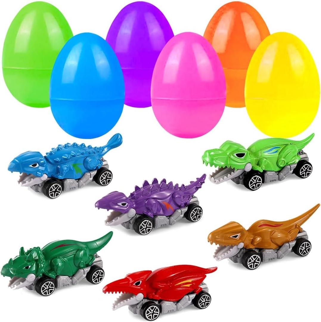 Holydeck 6 Pcs Prefilled Easter Eggs with Metal Dinosaur Car Toys Vehicles Set for Kids Girls Boys Easter Basket Stuffers Party Favors Easter Egg Fillers Hunt